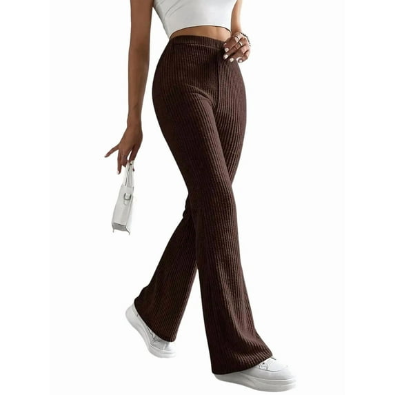 Wide Leg Pants Women High Waisted Pull on Lounge Elastic Waist Fall Winter Casual Knit Trousers Pants Brown S