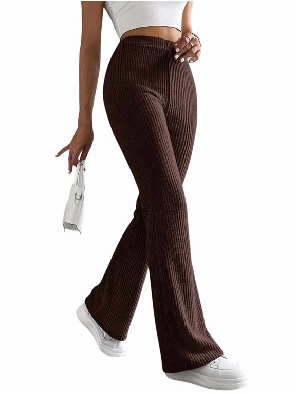 Wide Leg Pants Women High Waisted Pull on Lounge Elastic Waist Fall Winter Casual Knit Trousers Pants Brown XL