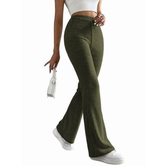 Wide Leg Pants Women High Waisted Pull on Lounge Elastic Waist Fall Winter Casual Knit Trousers Pants Green L