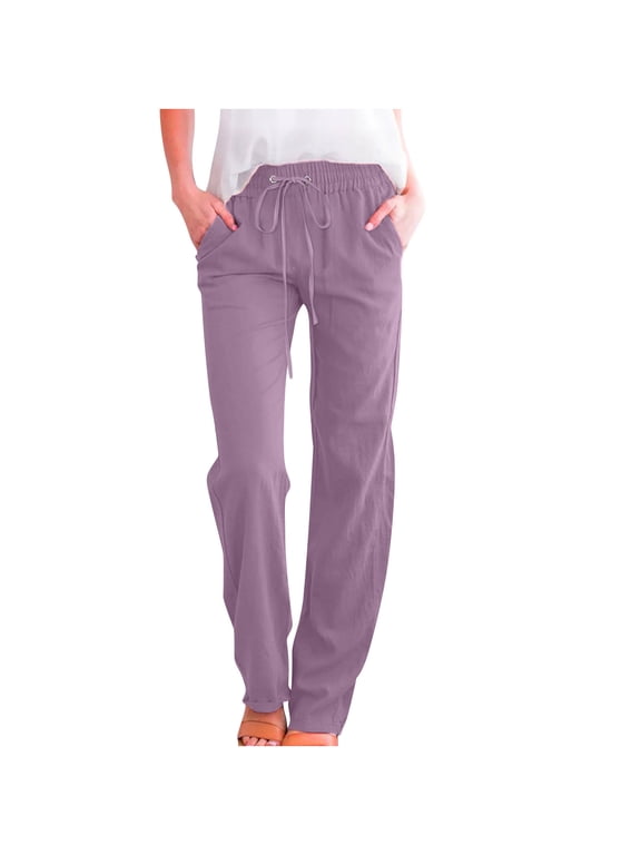 Wide Leg Pants for Women Petite Length Loose Cotton Linen with Pocket Solid Trousers Pants Linen Pants for Women for Beach Vacation Day to Night Everyday Wear 4-Purple M