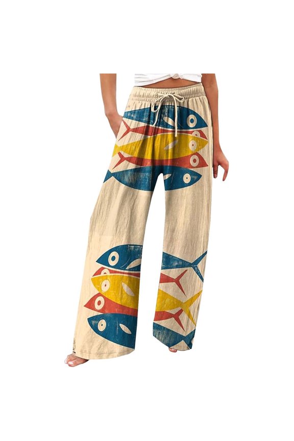Wide Leg Pants Women Plus Size High Elastic Waisted Dog Fish Graphic Palazzo Trousers with Pockets Drawstring Loose Fit Casual Slacks