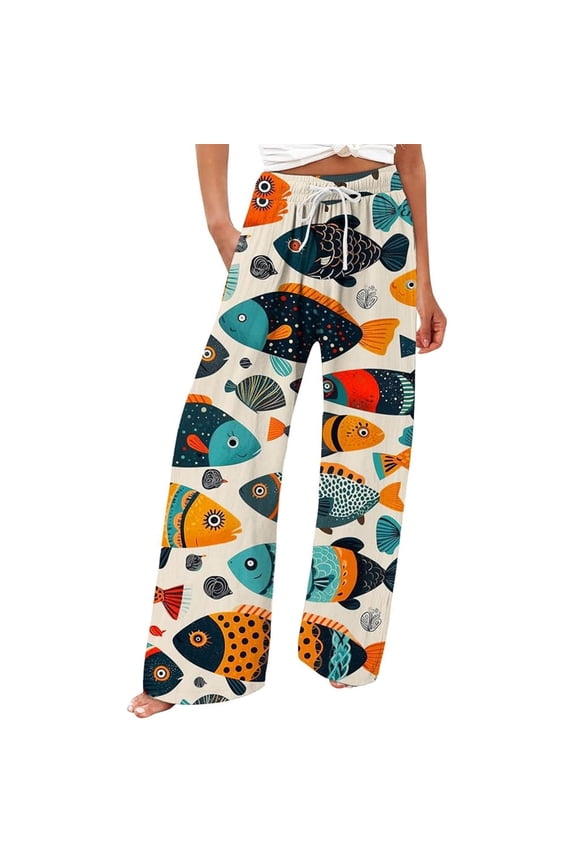 Wide Leg Pants Women Plus Size High Elastic Waisted Dog Fish Graphic Palazzo Trousers with Pockets Drawstring Loose Fit Lounge Pants