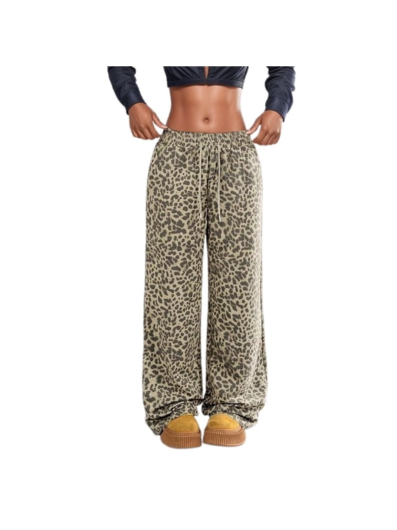 Wide Leg Pants Women Plus Size High Elastic Waisted Leopard Print Stretch Palazzo Trousers with Pockets Lightweight Comfy Casual Slacks