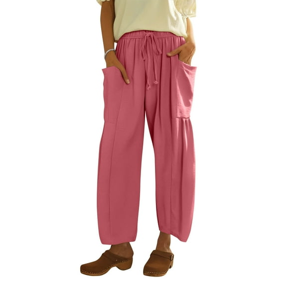 Wide Leg Pants Women Plus Size Linen Elastic Waist Drawstring Ankle Length Trousers Lounge High Waisted Summer Gauze Pantswith Pockets Pink XL