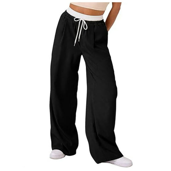 Wide Leg Pants Women Plus Size Women Color Contrast Draw Rope Casual Wide Leg Pocket Wide Leg Pants Plus Size Pants Curvy Women Black S