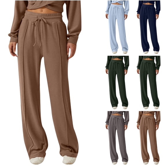 Wide Leg Pants for Women, Straight Leg Trousers with Elastic Waist, Loose Fit Casual Pants, Solid Color Work Office Slacks, Business Casual Gifts for Women | CSEONE,Coffee L