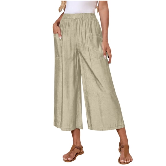 Wide Leg Pants for Women, Summer Cropped Pants Elasticated Waist Loose Palazzo Pants Baggy Casual Capri Pants Spring Summer Joggers Bottoms with Pockets
