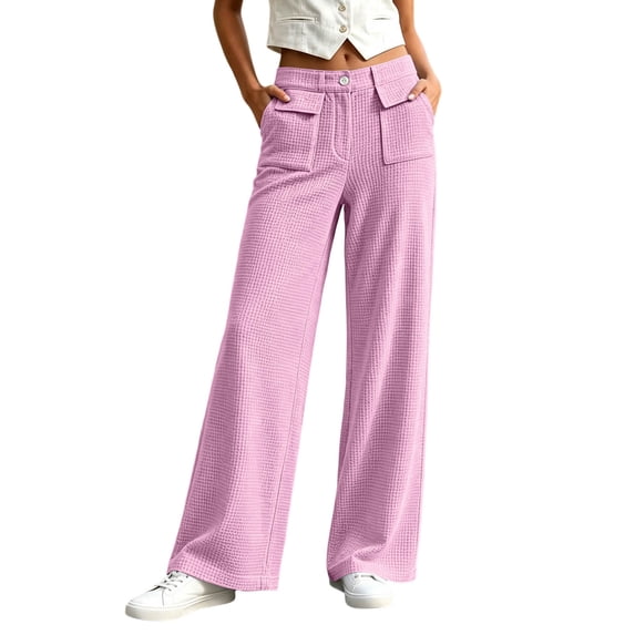 Wide Leg Pants for Women Winter Cotton Casual Fashion Solid Color Elastic Waist Double Pockets Zipper Button Pants Comfy Loose Casual Lounge Wide Leg Pants