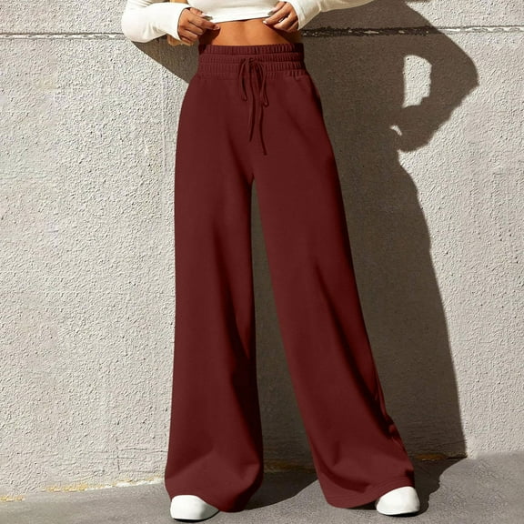 Wide Leg Pants for Women, Women Solid Color Casual Straight Tube Loose Drawstring Elastic Waist Sweatpants Long Pants Women High Waisted Pants (Wine,XXL)