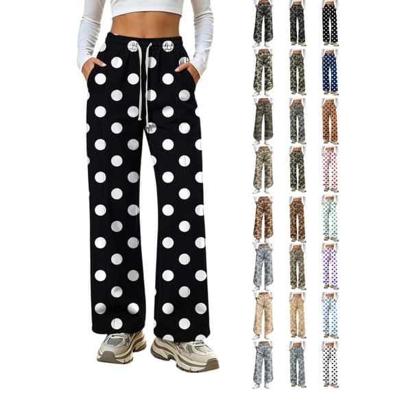 Wide Leg Pants for Women, Women's Polka Dot Wide Leg Pants High Waisted Drawstring Lounge Pants with Pockets Loose Fit Casual Bottoms for Daily Wear Travel Work Soft Comfy