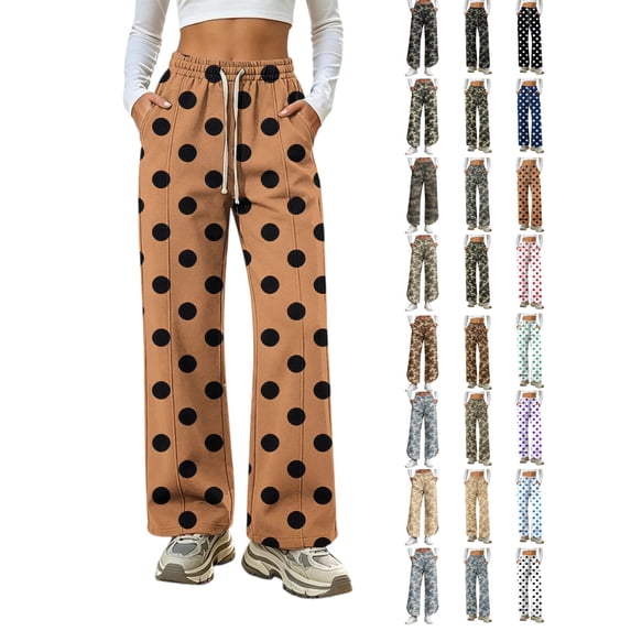 Wide Leg Pants for Women, Women's Polka Dot Wide Leg Pants High Waisted Drawstring Lounge Pants with Pockets Loose Fit Casual Bottoms for Daily Wear Travel Work Soft Comfy