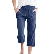 Wide Leg Pants for Women, Womens Cropped Pant Plus Size Cotton Linen Casual Loose Solid Color Straight Elastic High Waisted with Pockets Palazzo Commuter Sweaterpants Fall Saving Clearance