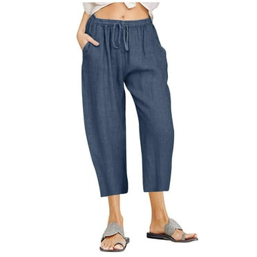 Wide Leg Pants for Women, Womens Cropped Pant Plus Size Cotton Linen Casual Loose Solid Color Straight Elastic High Waisted with Pockets Palazzo Commuter Sweaterpants Fall Saving Clearance