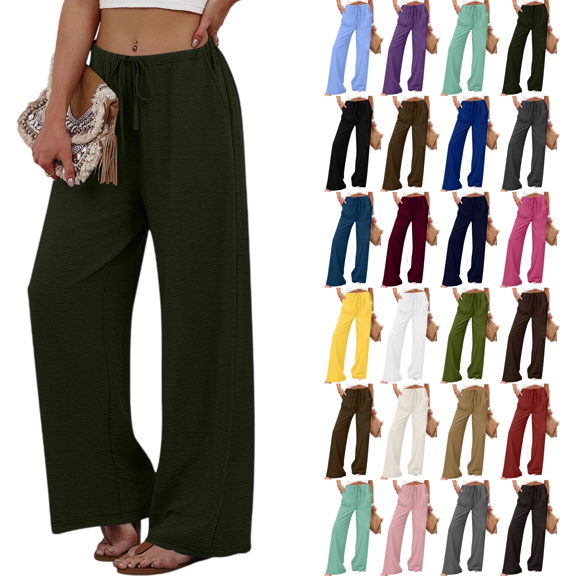 Color Button Toy Wide Leg Pants Women, Workout Yoga Pants Solid Color Stretch Waist ...