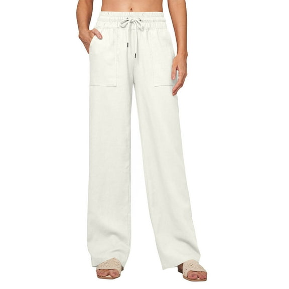 Wide Leg Pants Women, Workout Yoga Pants Solid Color Stretch Waist Strap Drawstring Pocket Button Pants Long Pants