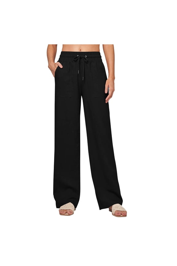Wide Leg Pants Women, Workout Yoga Pants Solid Color Stretch Waist Strap Drawstring Pocket Button Pants Long Pants