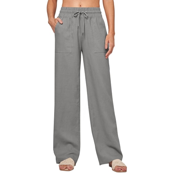 Wide Leg Pants Women, Workout Yoga Pants Solid Color Stretch Waist Strap Drawstring Pocket Button Pants Long Pants