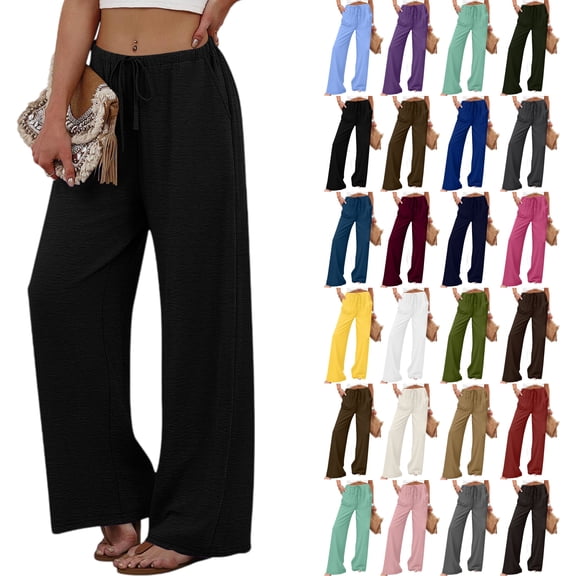 Wide Leg Pants Women, Workout Yoga Pants Solid Color Stretch Waist Strap Drawstring Pocket Button Pants Long Pants