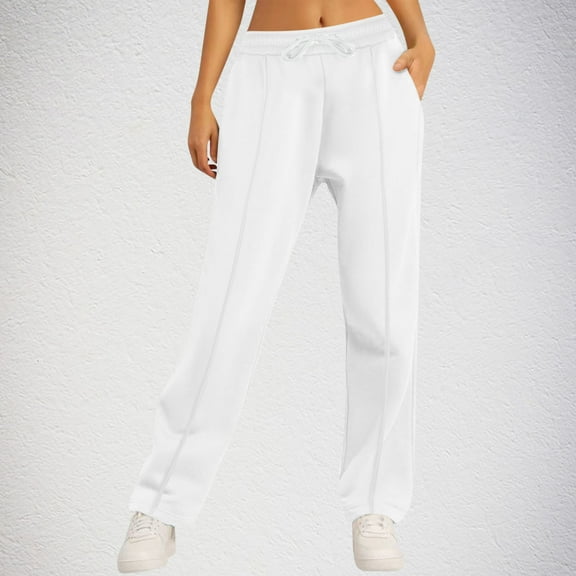 Wide Leg Pants Women, high-waisted solid color drawstring elastic waist loose casual pants with side pockets (M, White)