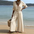 thumbnail image 1 of Wide Leg Pants Women's Fashion Solid V-Neck Short Sleeve Beach Vacation Pockets Button Long Jumpsuit Beige 2XL, 1 of 6