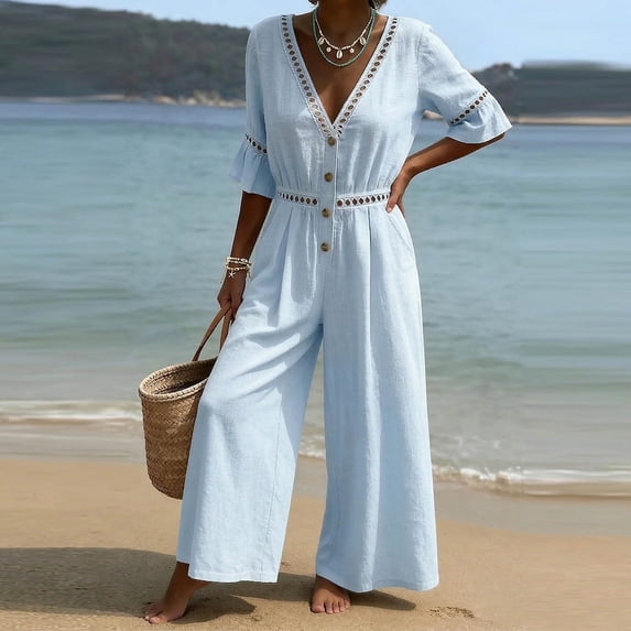 Wide Leg Pants Women's Fashion Solid V-Neck Short Sleeve Beach Vacation Pockets Button Long Jumpsuit Blue L