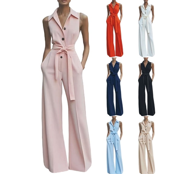 Wide Leg Pants Women's Fashion Summer Solid Casual Sleeveless Button Belt Long Jumpsuit Pink S