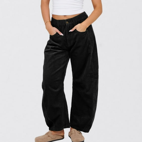 Wide Leg Pants Women's High Waisted Work Trousers Long Straight Pants Ndbuld Women's Solid Color High-waisted Pocket Casual Pants Corduroy Loose Straight Leg Pants Evergreen Black L