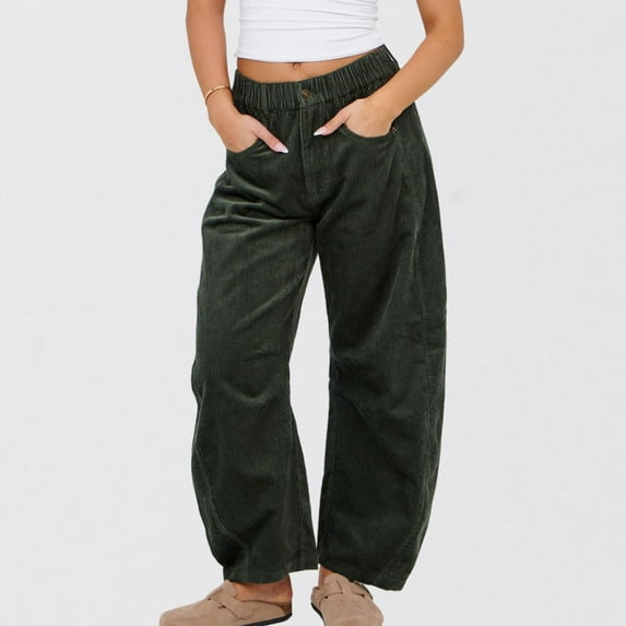 Wide Leg Pants Women's High Waisted Work Trousers Long Straight Pants Women's Solid Color High-waisted Pocket Casual Pants Corduroy Loose Straight Leg Pants Evergreen Army Green 2XL