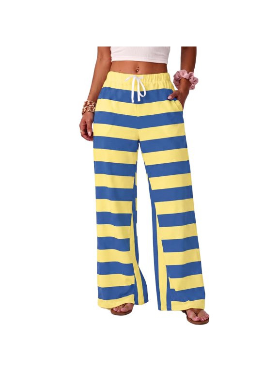 Wide Leg Pants Womens Drawstring High Waist Striped Pants 2026 Fall Boho Casual Trousers Lightweight Elastic Waisted Trousers with Pockets S