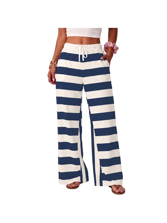 Wide Leg Pants Womens Striped High Waist Drawstring Pants Fall 2026 Y2k Casual Trousers Stretchy Loose Fit Trousers with Pockets L