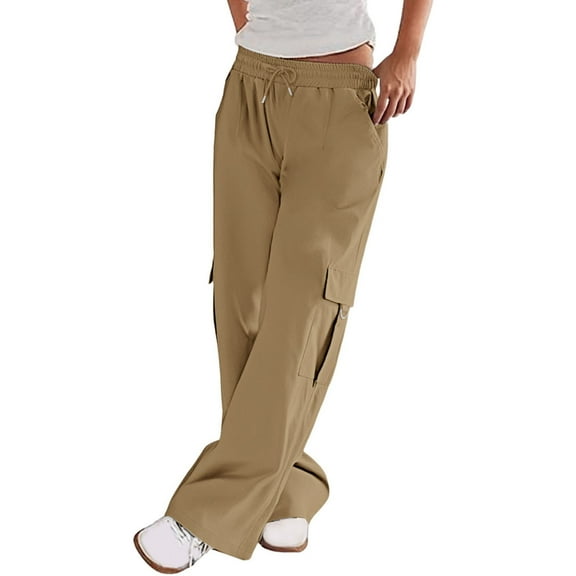 Wide Leg Pants Work Pants Mid Rise Relaxed Straight Leg Cargo Casual Trousers with Multi Pockets Plus Size Khaki S