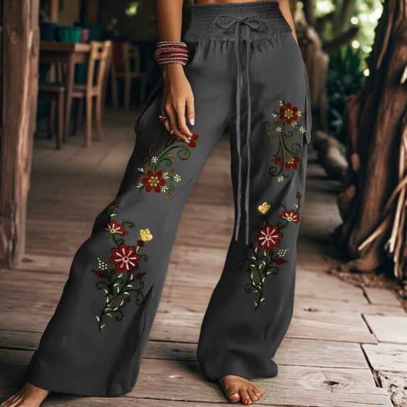Wide Leg Pants for Women Boho Floral Palazzo Pants High Waist Bohemian Flowy Lounge Trousers Dark Gray XXL