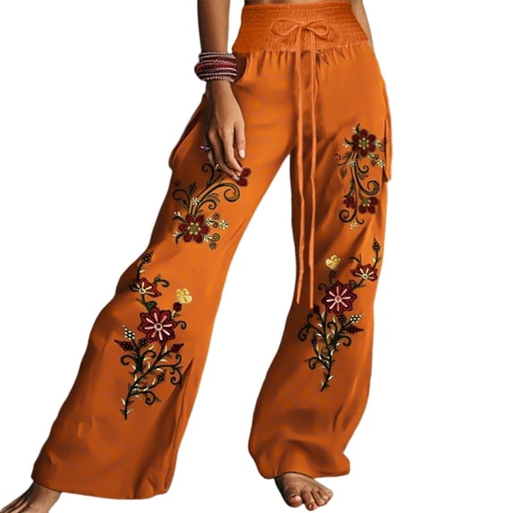 Wide Leg Pants for Women Boho Floral Palazzo Pants High Waist Bohemian Flowy Lounge Trousers Orange-Red XL