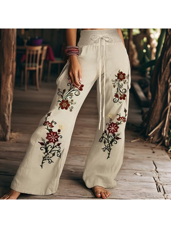 Wide Leg Pants for Women Boho Floral Palazzo Pants High Waist Bohemian Flowy Lounge Trousers White 4XL