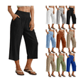 thumbnail image 1 of Wide Leg Pants for Women Casual Cotton Linen Capris Pants Elastic High Waisted Baggy Pant Summer Beach Trousers with Pockets, 1 of 9