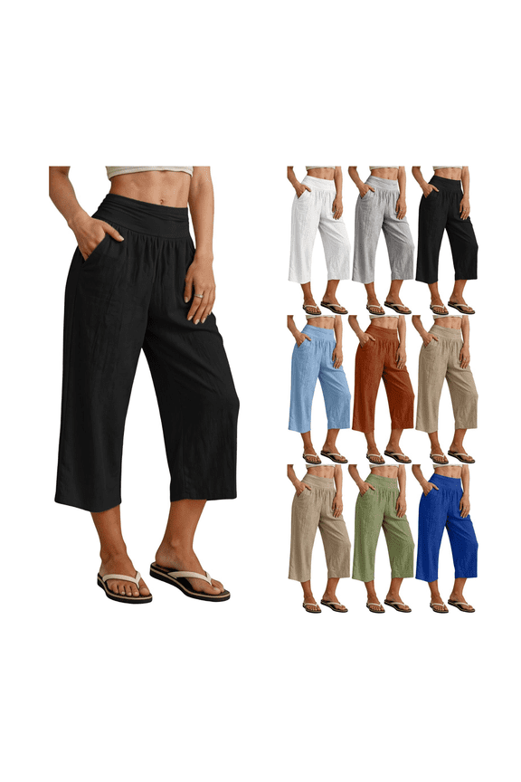Wide Leg Pants for Women Casual Cotton Linen Capris Pants Elastic High Waisted Baggy Pant Summer Beach Trousers with Pockets