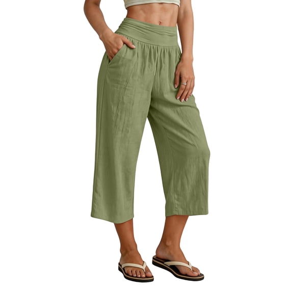 Wide Leg Pants for Women Casual Cotton Linen Capris Pants Elastic High Waisted Baggy Pant Summer Beach Trousers with Pockets