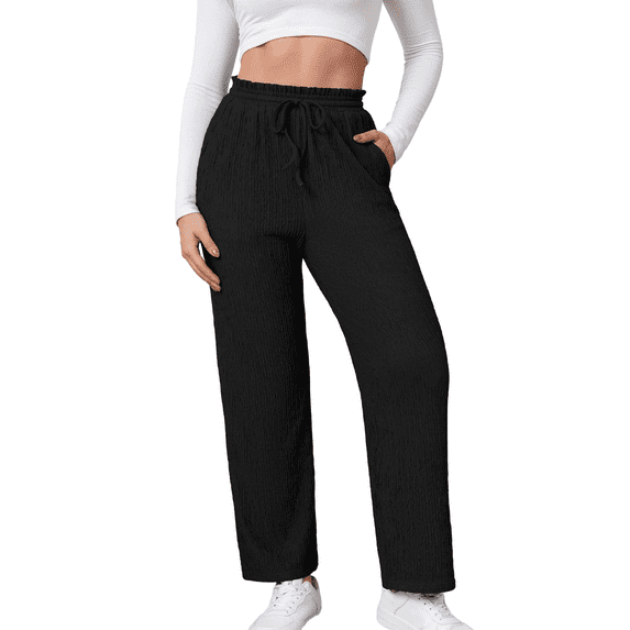 Anyshow Women's Pants Elastic Waist Wide Leg Trousers Drawstring Casual Loose with Pockets