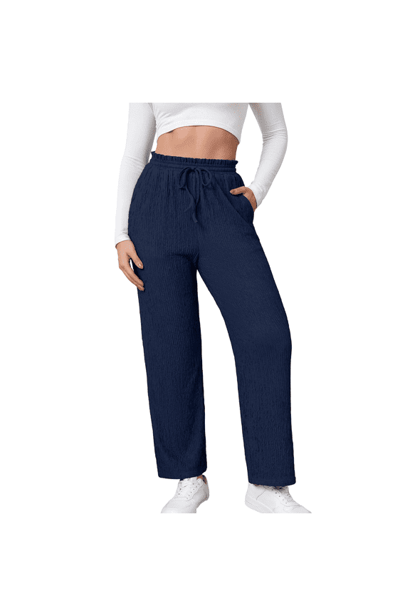 Women's Pants Elastic Waist Wide Leg Trousers Drawstring Casual Loose with Pockets