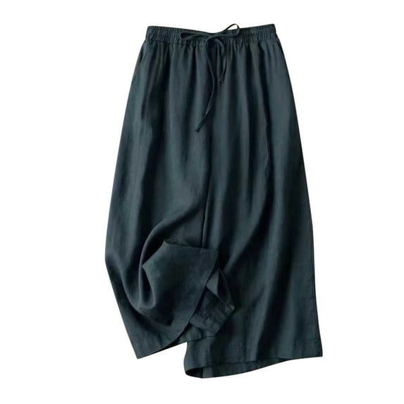 Wide Leg Pants for Women Casual Elastic Waist Drawstring Cotton Linen Pants Solid Comfy Cropped Lounge Trousers