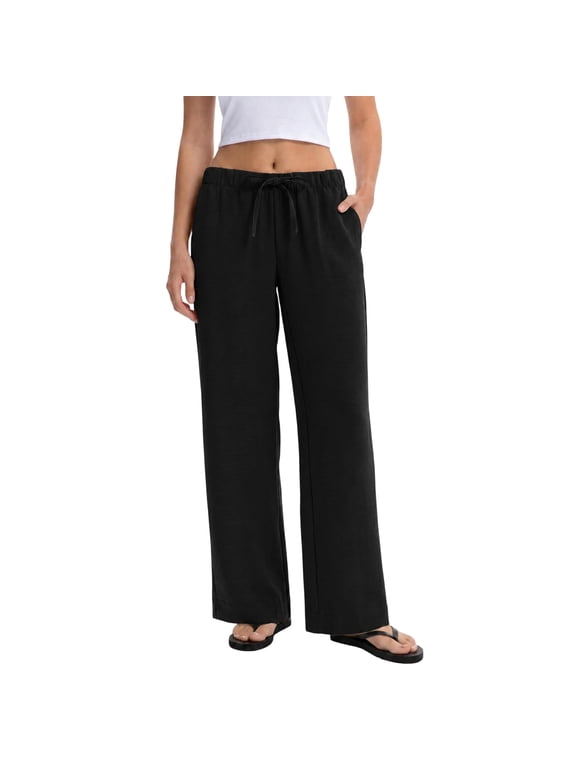 Wide Leg Pants for Women Casual Flowy Crepe Trousers Wrinkle Free Relaxed Fit Lounge Work Business with Pockets Black 2XL