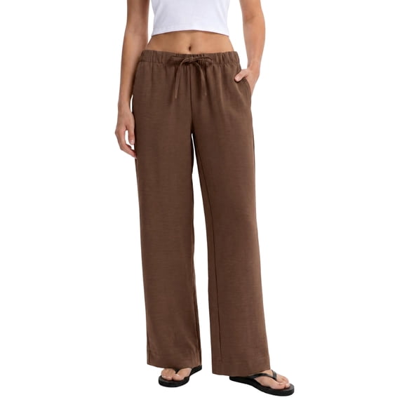 Wide Leg Pants for Women Casual Flowy Crepe Trousers Wrinkle Free Relaxed Fit Lounge Work Business with Pockets Brown L