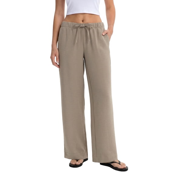 Wide Leg Pants for Women Casual Flowy Crepe Trousers Wrinkle Free Relaxed Fit Lounge Work Business with Pockets Khaki M