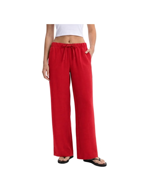Wide Leg Pants for Women Casual Flowy Crepe Trousers Wrinkle Free Relaxed Fit Lounge Work Business with Pockets Red L
