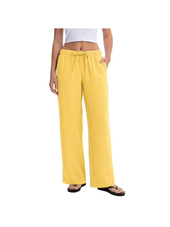 Wide Leg Pants for Women Casual Flowy Crepe Trousers Wrinkle Free Relaxed Fit Lounge Work Business with Pockets Yellow L
