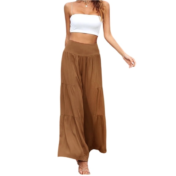 Wide Leg Pants for Women Casual Linen Palazzo Pants with Pockets Ladies Pull On High Waisted Beach Trousers, L