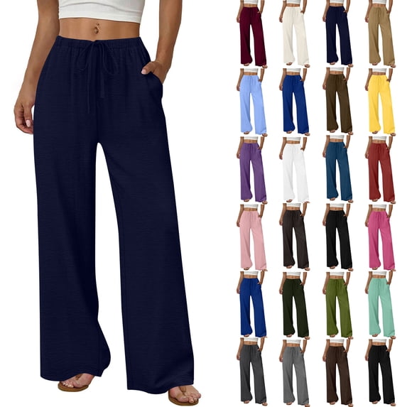 Wide Leg Pants for Women Casual Straight Pants Drawstring Elastic Waist Trousers with Pockets Summer Beach Vacation Clothes