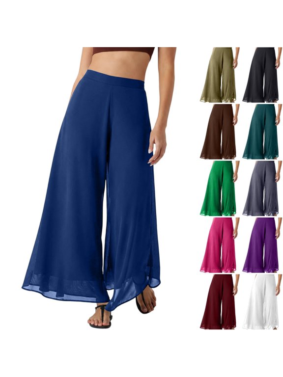 Wide Leg Pants for Women Chiffon Flowy Split Palazzo Trousers High Waist Sheer Layered Lightweight Ankle Slacks