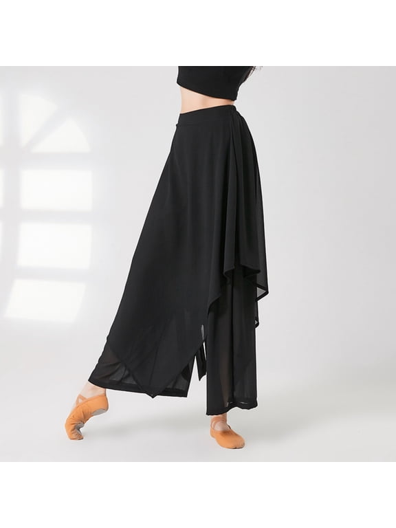 Wide Leg Pants for Women Colorblock Flowy Chiffon Trousers Classical Dance Culotte Casual Womens Pants Black L