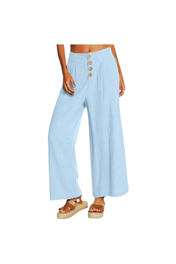 Wide Leg Pants for Women Cotton Linen Button Flat Front Loose Pleated High Waisted Palazzo Pant with Pockets Casual Solid Lightweight Baggy Trousers